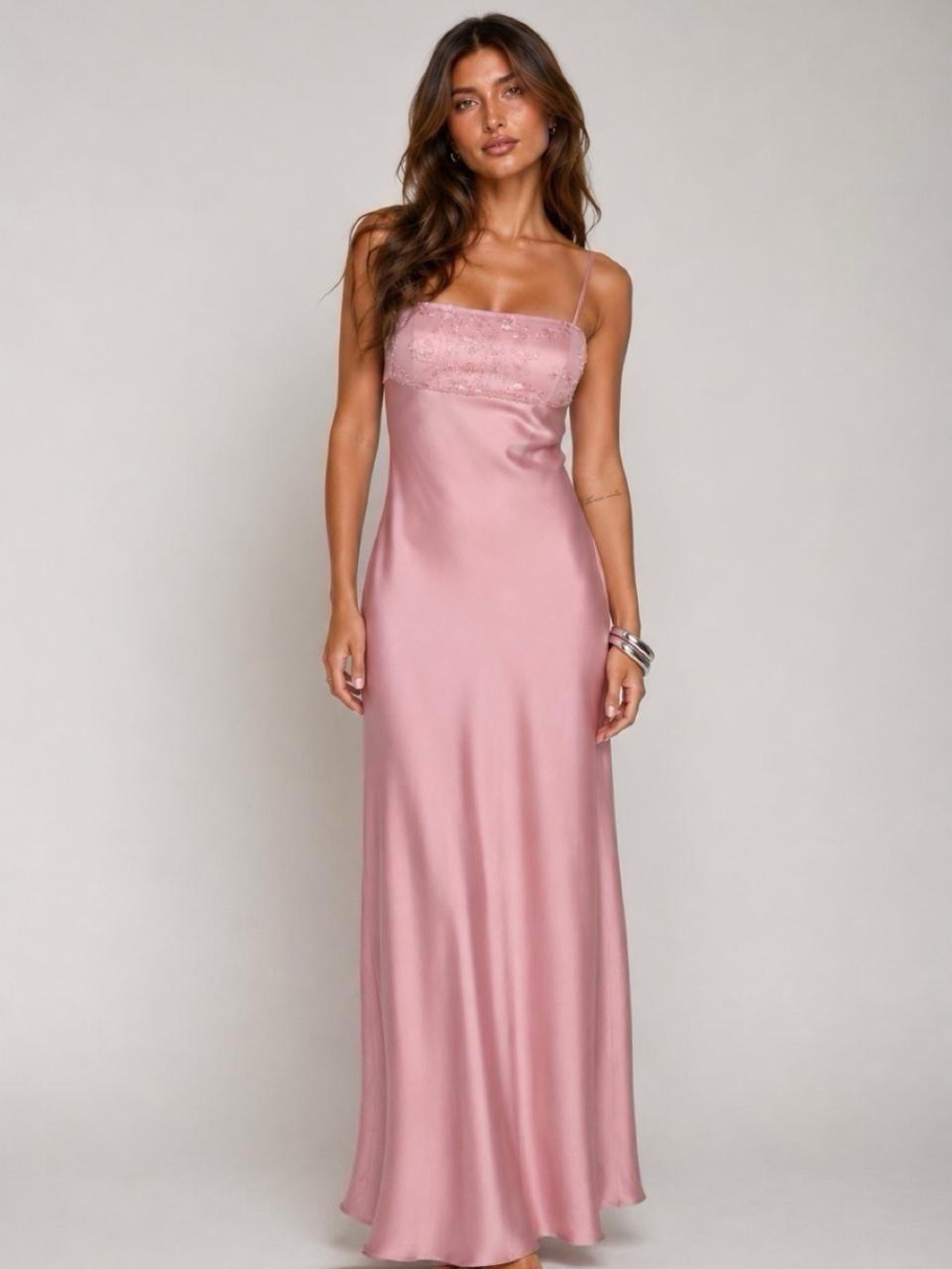 Satin Lace-Trim Slip Dress in Dusty Pink